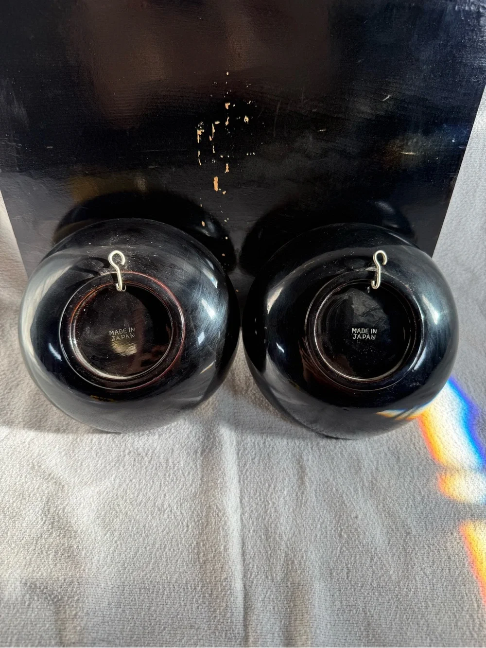 Vintage Japanese Black Lacquer Decorative Wall Hanging Plates - Set of 2